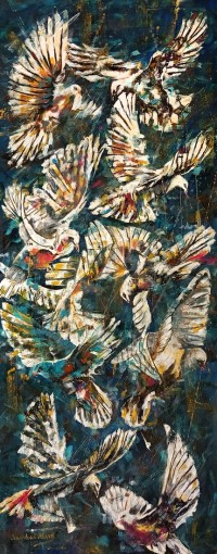 Naushad Alam, 24 x 60 Inch, Oil on Canvas, Pigeon Painting, AC-NAL-162
